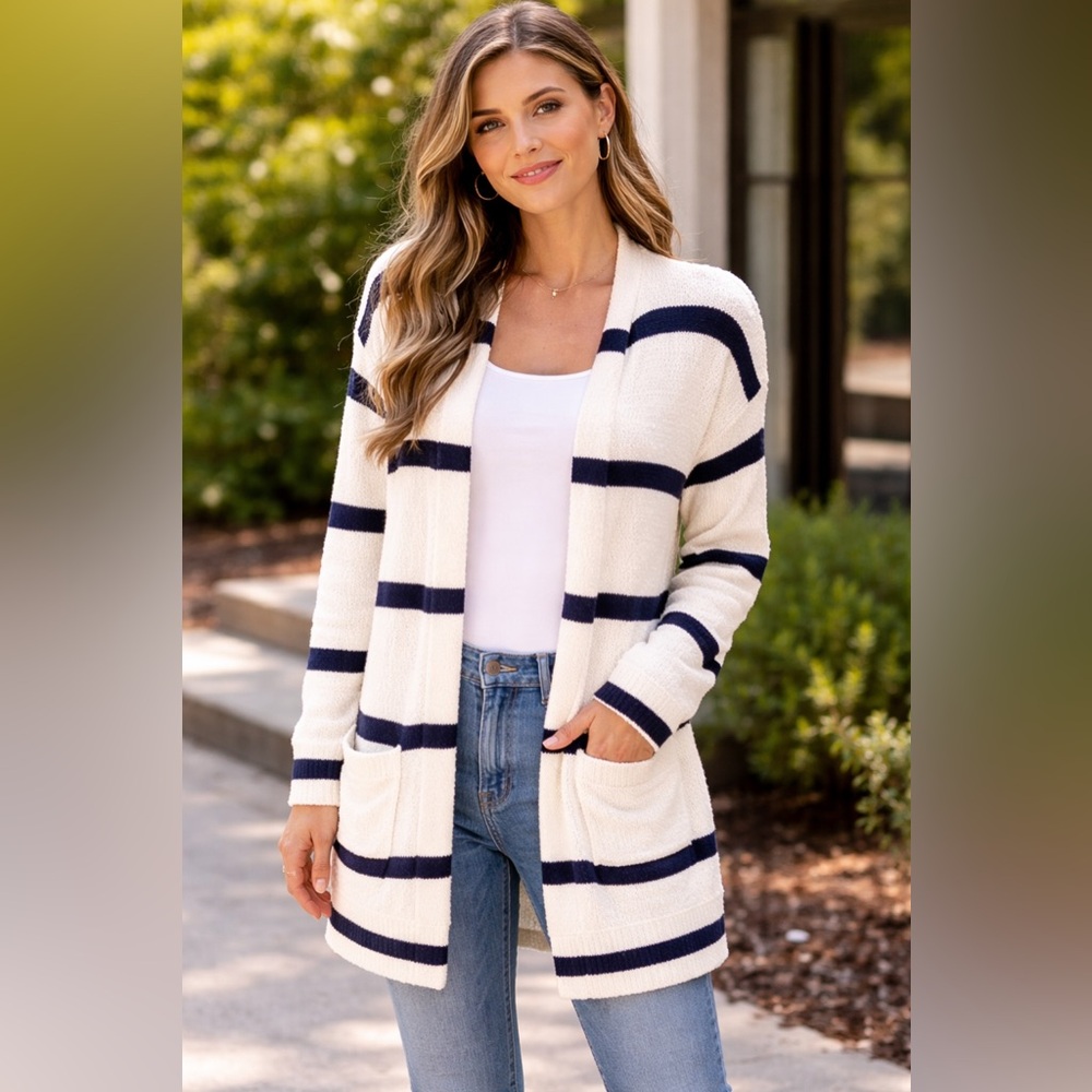 BP Striped Navy and Cream Women's Lightweight Cardigan